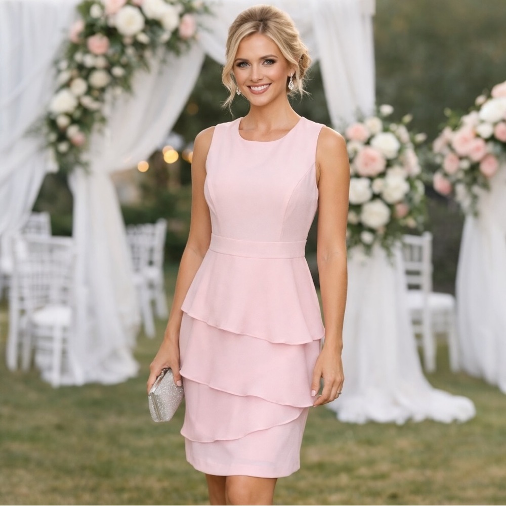 Eliza J Blush Pink Tiered Ruffle Sheath Dress NWT Size 4 Wedding Guest